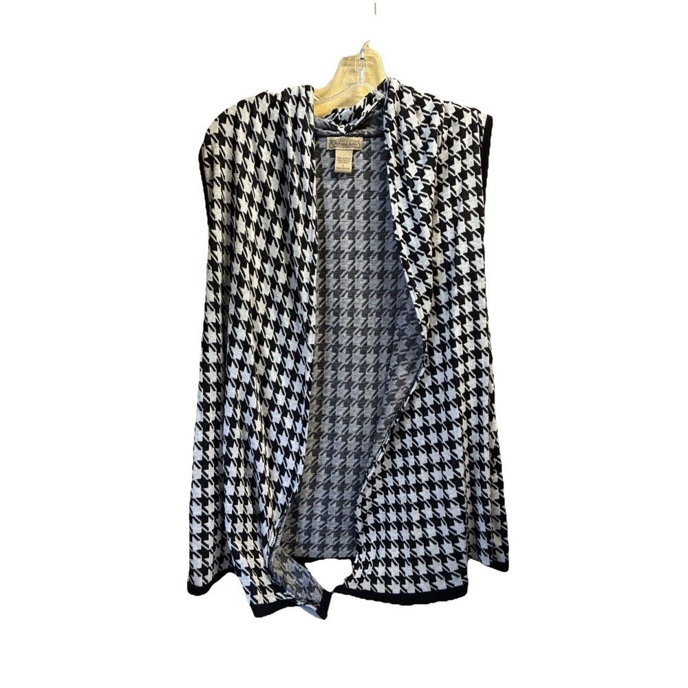 Art and Soul Womens Sleeveless Open Cardigan Sweater Black White Herringbone L
